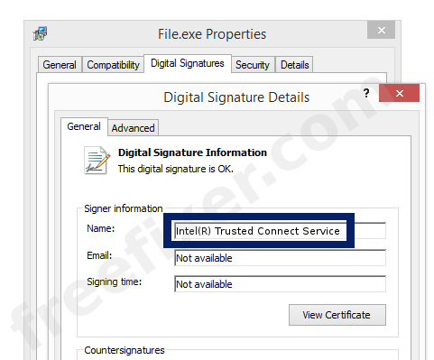 Screenshot of the Intel(R) Trusted Connect Service certificate